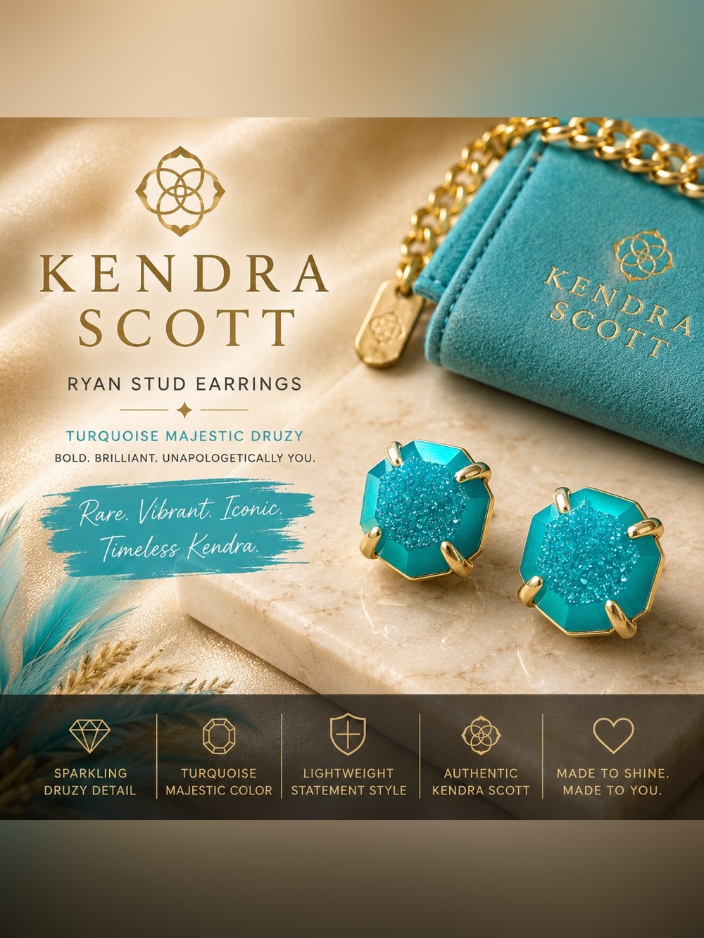 Kendra Scott Ryan Stud Earrings|Turquoise Majestic Druzy | Rare Gold Tone Studs
